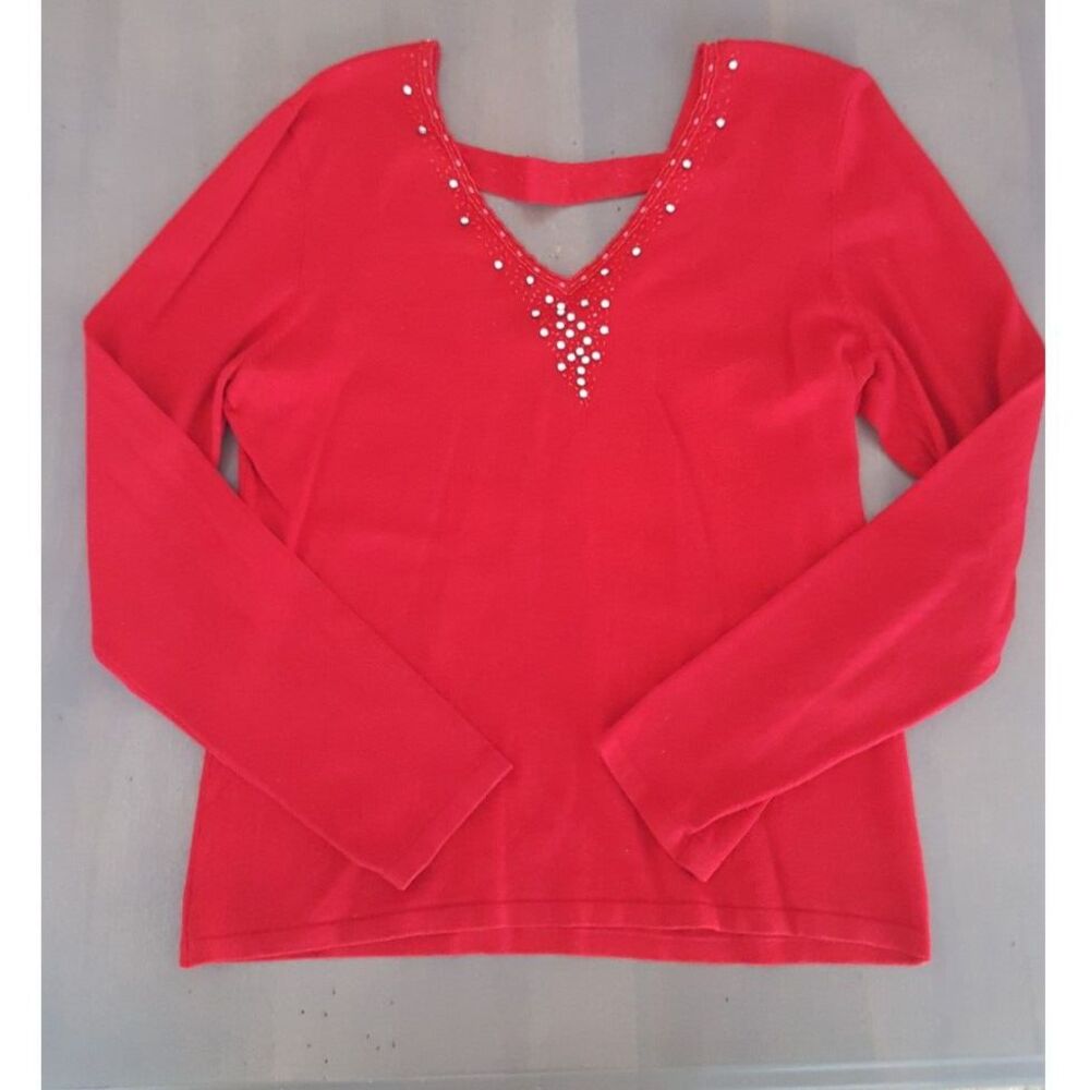 Belldini Red Vneck Sweater with Rhinestone accents, holiday,party, festive Large